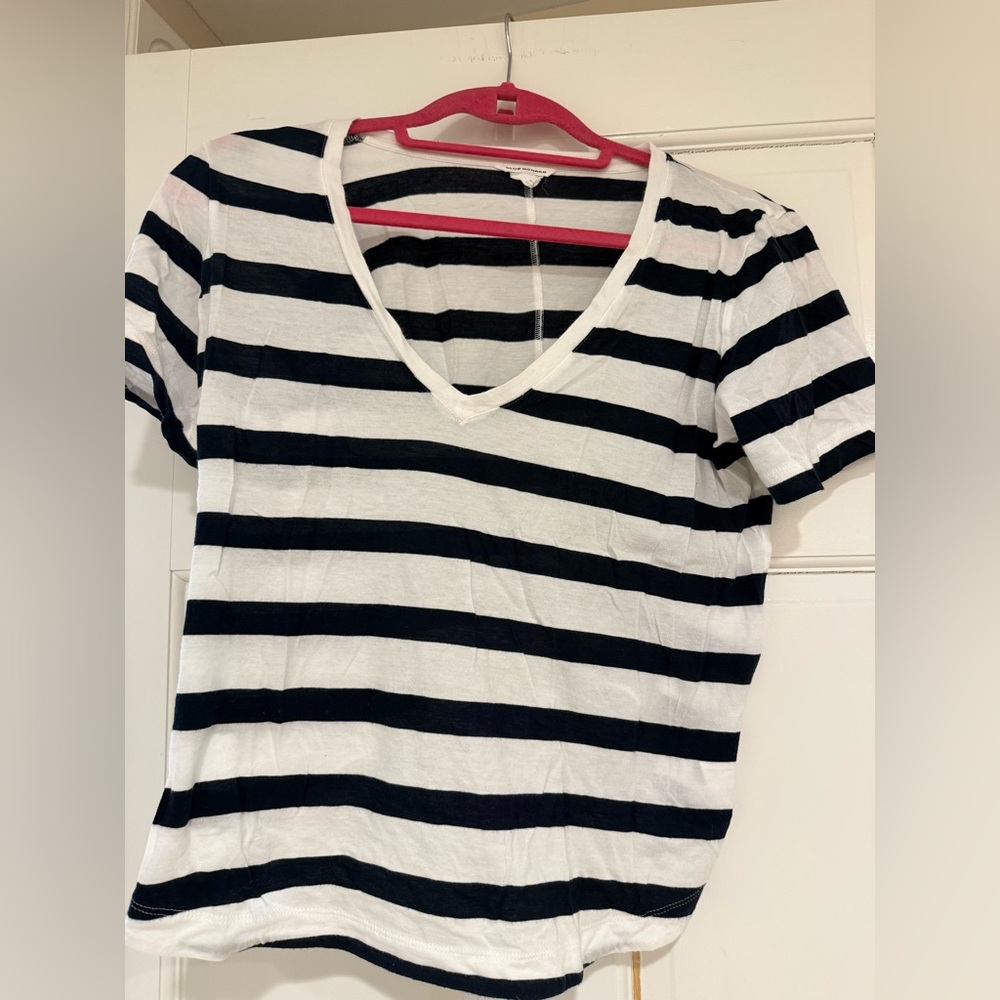 Club Monaco Navy and White Striped V-Neck Tee with v-back